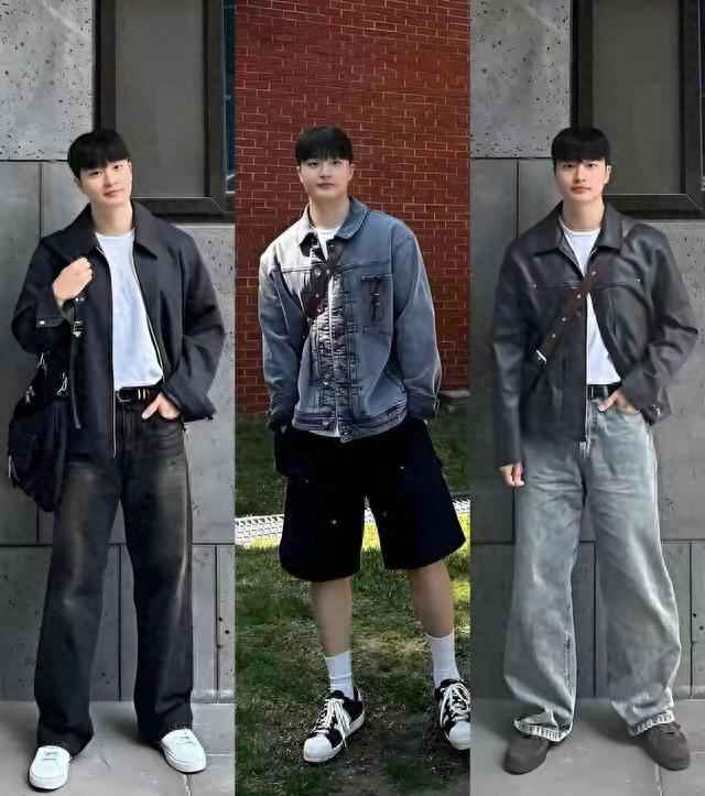 深秋男生穿搭暗纹T恤示范